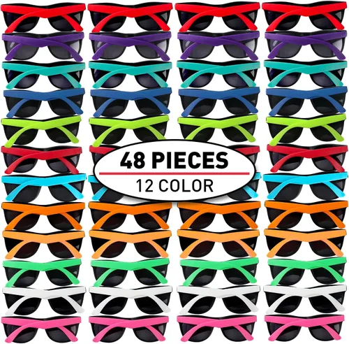 Paquete de 48 lentes de sol de neón de 12 colores con lentes oscuros, estilo de los años 80 para recuerdos de fiesta, fiesta en la piscina a granel,