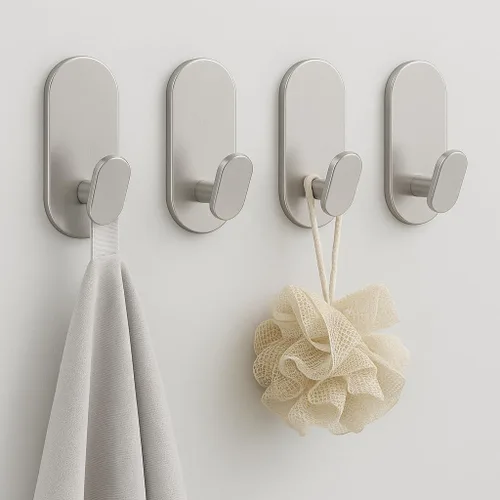 Ganchos adhesivos para toallas para baños, paquete de 4, acero inoxidable y aleación de zinc en cepillo de níquel, ganchos de pared pegajosos para