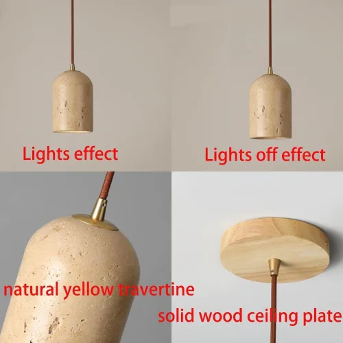 Miniatura 7 de Mini lámpara de isla de cocina, lámpara colgante de techo de cúpula de madera japonesa Wabi-Sabi con pantalla de travertino amarillo, lámpara