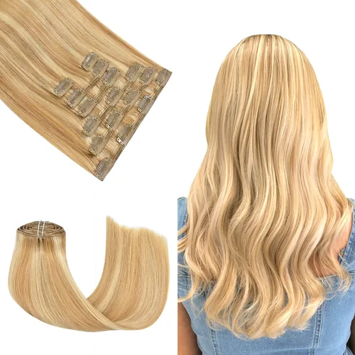 Miniatura 28 de Honsoo Extensiones de cabello humano real de color marrón con pinzas, marrón castaño, 15 pulgadas, 70 g, 7 unidades, cabello lacio sedoso y marrón