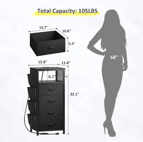 Miniatura 3 de EnHomee Juego de 2 mesitas de noche negras con estación de carga y LED, mesita de noche con cajones de tela y estante de almacenamiento, marco