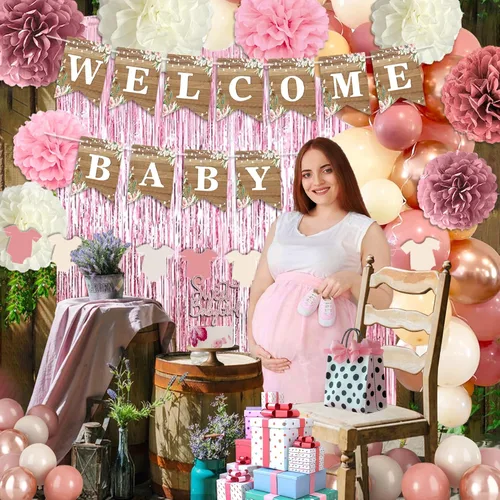 Miniatura 4 de Decoración de baby shower rosa polvoriento, juego de decoración de baby shower para niña con pancarta de bienvenida para bebé, pompones de papel