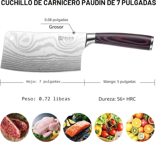 Miniatura 2 de Cuchillo PAUDIN, cuchillo de carnicero ultra afilado de 7 pulgadas, cuchillo de carnicero de acero inoxidable de alto carbono con mango de madera