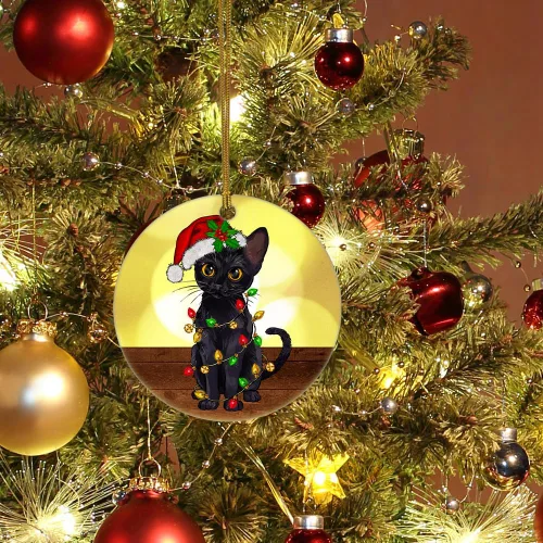 Miniatura 5 de Bonito adorno de cerámica de gato negro, divertidas decoraciones de Navidad para árbol, adorno colgante de Navidad para amantes de los gatos