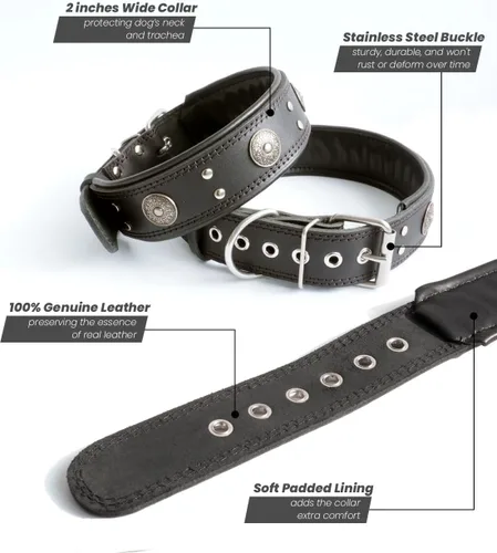 Miniatura 2 de Collar de cuero para perro, 2 pulgadas de ancho, collares de cuero genuino resistente, hecho a mano, suave y lujoso, la mejor opción llamativa