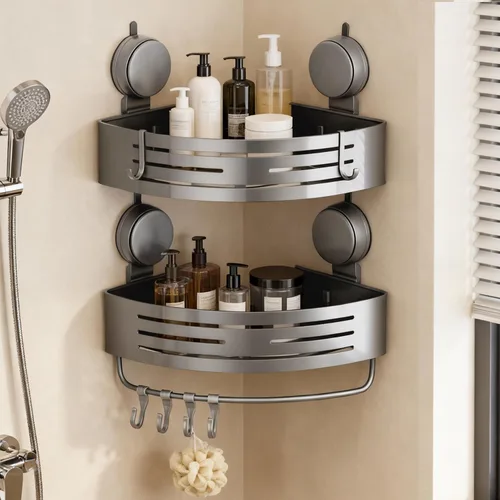 Organizador de ducha de esquina con ventosa, paquete de 2 estantes de ducha de esquina de aluminio gris sin perforaciones con barra de toalla y