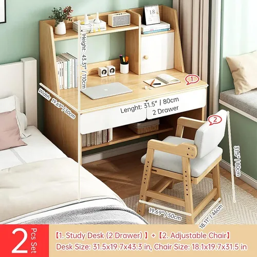 Miniatura 6 de QQXX Adorable juego de escritorio y silla de estudio, mesa de estudio escolar de madera con cajones y silla, escritorio de estudio para estudiantes