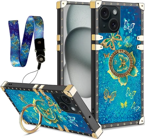 nancheng Funda para iPhone 15, diseño de flor de mariposa azul, TPU suave, a prueba de golpes, con soporte de anillo y cordón a juego, elegante