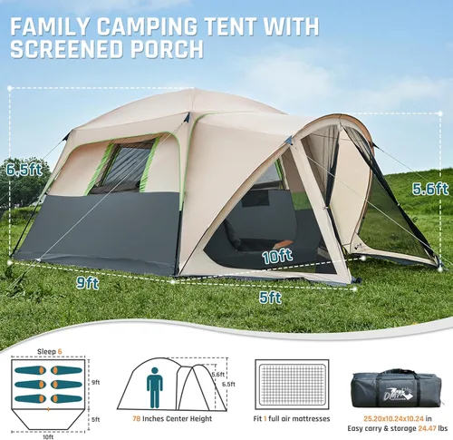Miniatura 6 de Tents for Camping 6/8/10 Person Camping Tent with Screen Porch, Weatherproof Large Cabin Tent with Rainfly and Carry Bag, Family Tent for Outdoor