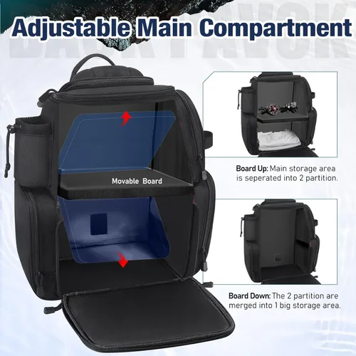 Miniatura 4 de Piscifun Mochila de pesca con 2 soportes para caña y 4 cajas de aparejos, bolsa grande de almacenamiento de aparejos con cubierta de lluvia