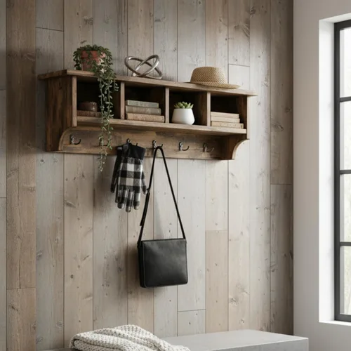 Miniatura 2 de Alaterre Furniture Perchero Industrial Pomona de 48 Pulgadas Montado en Pared con 6 Ganchos Resistentes y 4 Compartimentos Abiertos, Organizador