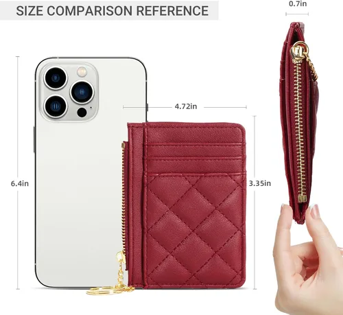 Miniatura 5 de Soporte para tarjetas de crédito, cartera delgada con llavero con bolsillo frontal para monedas, bolsillo frontal pequeño para mujer, color rojo