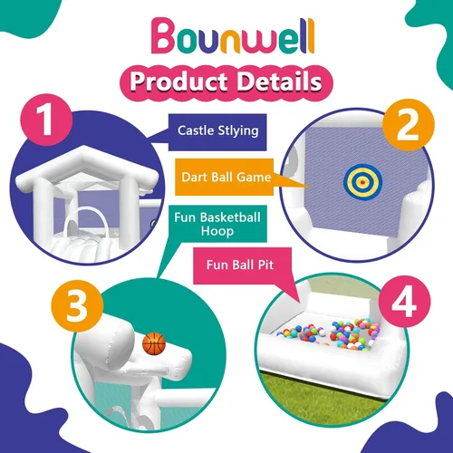 Miniatura 4 de Casa inflable blanca con hoyo de bolas, castillo de rebote blanco para interiores y exteriores con soplador, casa Boncy para niños de 3 a 8 años