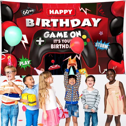 Miniatura 6 de Sumind Telón de fondo de videojuegos de feliz cumpleaños, decoración de fiesta de videojuegos, telón de fondo de cumpleaños para niños, fondo