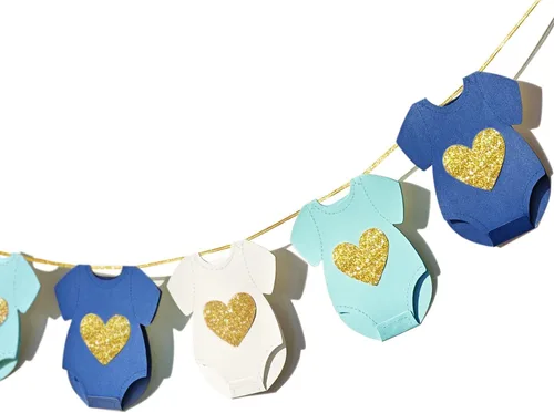 Guirnalda de Papel Azul para Baby Shower Bodys de Manga Corta Guirnalda de Tendedero Pancarta de Revelación de Género y Cumpleaños Conjunto de Bebé