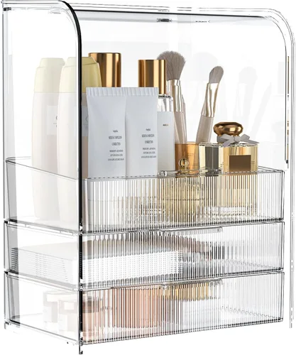 GearFusion Organizador de Cosméticos Transparente de 3 Niveles, Estuche Expositor de Maquillaje con Tapa y Cajones, Caja de Almacenamiento de