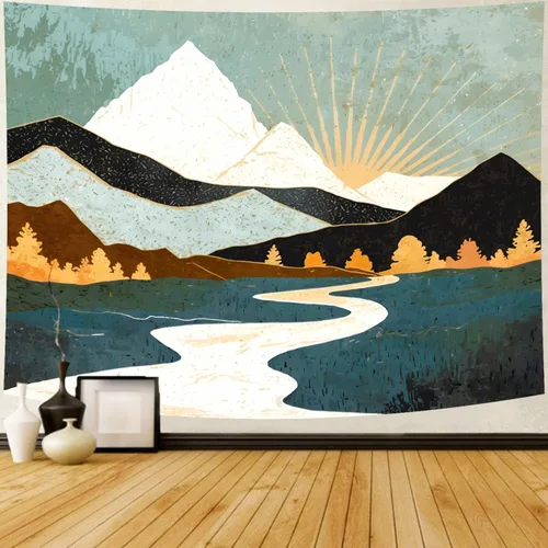 Delur Tapiz Boho de Montaña con Puesta de Sol, Tapiz de Paisaje Natural de Bosque y Árbol para Colgar en la Pared, Tapiz Abstracto Psicodélico de