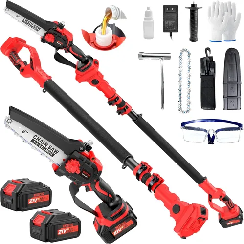 Sierras de poste eléctricas inalámbricas 2 en 1 para poda de árboles, mini motosierra de 8 pulgadas con poste de extensión de 6.6 pies, 21 V, 4.0 Ah