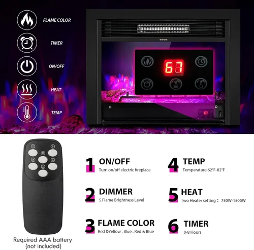 Miniatura 7 de COSTWAY - Insertos de chimenea eléctrica de 28.5 pulgadas de ancho, 750 W/1500 W, chimenea empotrada y de pie en la pared, con 3 colores de llama, 5