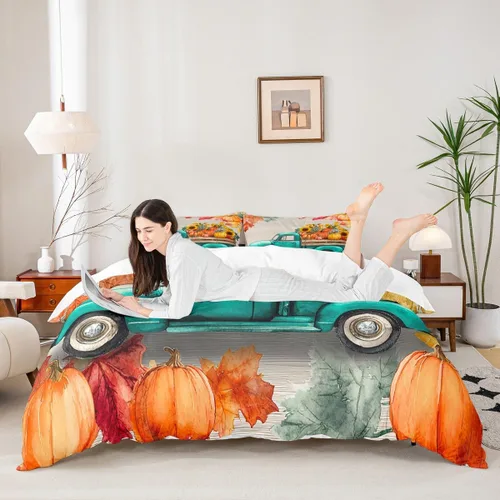 Miniatura 2 de Fall Harvest Kids Duvet Cover Set Twin Size,Cartoon Truck Pumpkin Sunflower Bedding Set,Boys Girls Bedroom Decor,Wooden Plank Maple Comforter