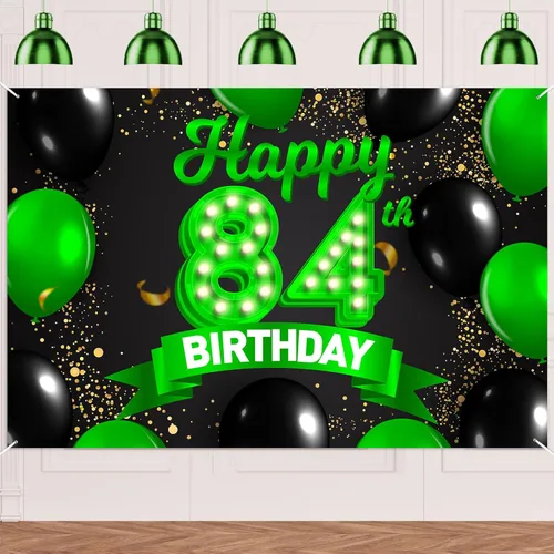Miniatura 89 de Cartel de feliz cumpleaños 26 verde y negro, telón de fondo con texto en inglés "Cheers to 26 years old confeti", globos de confeti, decoración