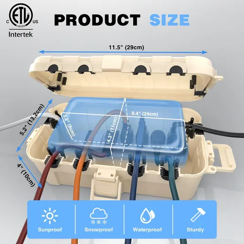 Miniatura 3 de Flemoon Caja eléctrica mediana para exteriores (11.5 x 5.2 x 4 pulgadas), cubierta de cable de extensión impermeable IP54 con 6 puertos de entrada