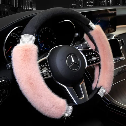 Achiou - Funda de volante esponjosa con diamantes de imitación, cómoda lana sintética de lujo antideslizante, ajuste universal para volantes de 14.5