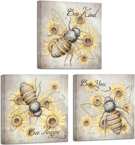 iHAPPYWALL 3 piezas de lienzo de abeja de miel, arte de pared, diseño de girasol y citas motivacionales, ilustraciones para cocina, dormitorio,