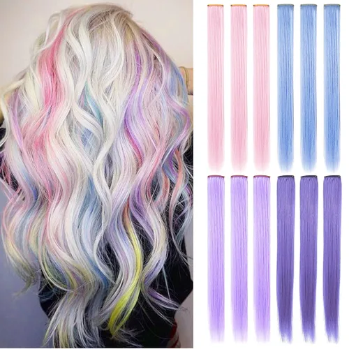 Accesorios para el cabello de princesa de color morado claro, rosa claro, lavanda, extensiones de cabello de colores con clip, extensiones de Azul