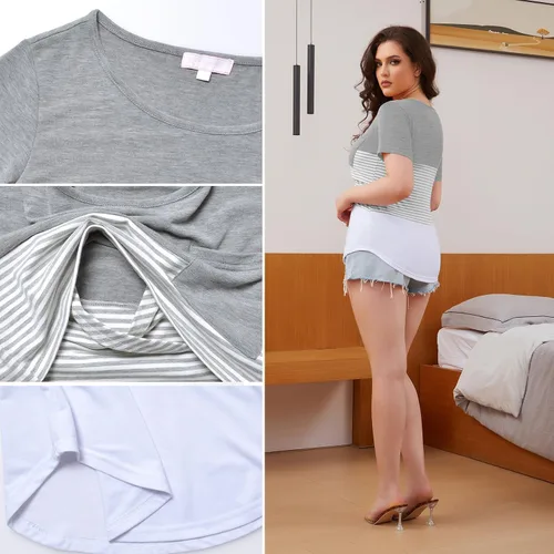 Miniatura 9 de Bhome Camiseta de lactancia con bloque de color de manga corta para lactancia materna camisa de embarazo con bolsillo