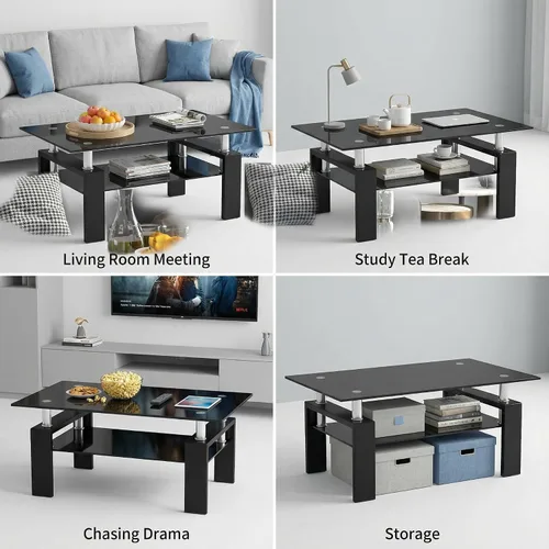 Miniatura 6 de Mesa de centro de vidrio rectangular Meihua de 2 niveles, mesa de té moderna, mesa auxiliar de café para sala de estar (todo negro)