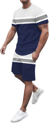 Conjunto deportivo de verano de 2 piezas con bloques de colores para hombre, conjunto de chándal casual para correr
