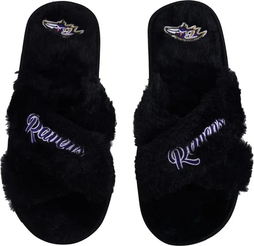 Miniatura 20 de FOCO Pantuflas deslizantes cruzadas mullidas con logotipo de texto del equipo NFL para mujeres