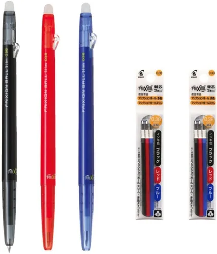 Pilot FriXion Ball Slim 038 Bolígrafo retráctil de tinta de gel borrable, punta extrafina de 0.015 in, tintas negra/azul/roja, 3 bolígrafos y 6