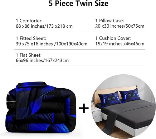 Miniatura 2 de ROWADALO Juego de ropa de cama de 5 piezas para niños, juego de edredón para jugadores en una bolsa, juego completo con edredón, sábanas, sábana