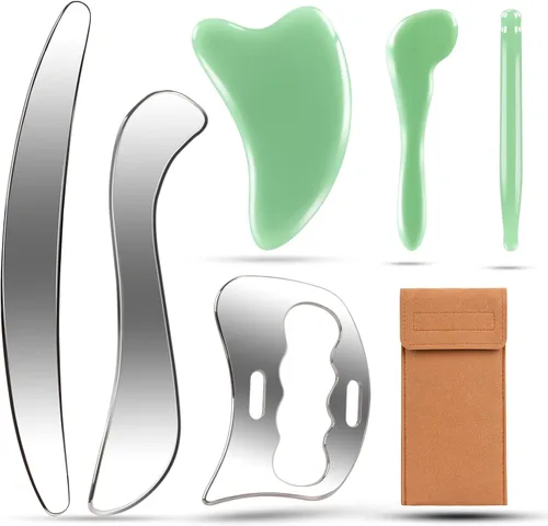 Herramienta raspadora muscular de acero inoxidable 6 en 1 Gua Sha Herramientas faciales Cuerpo Gua Sha Herramientas de Jade Stone Point Herramienta