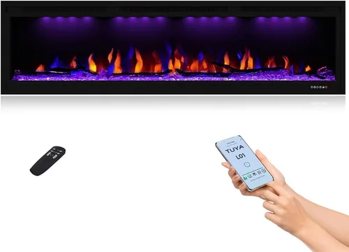 Miniatura 14 de Lujosa chimenea eléctrica de 74 pulgadas, calentador de chimenea empotrado en pared y empotrado en pared, color de llama ajustable y luz superior