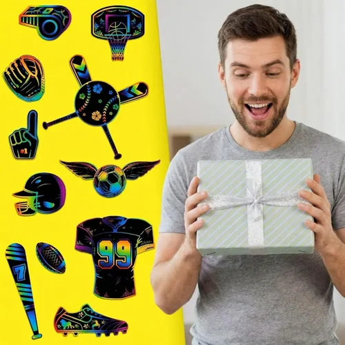 Miniatura 7 de Qilery Juego de 70 piezas de papel deportivo para raspar con lápiz óptico de madera y cintas, pelota deportiva, almohadilla de papel arcoíris