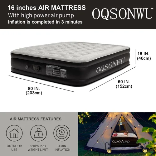 Miniatura 4 de Colchón de aire de 16 pulgadas tamaño Queen con bomba integrada, colchón inflable plegable portátil Queen, capacidad de peso de 660 libras, colchón