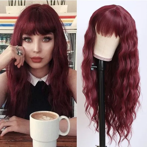 Miniatura 28 de QD-Tizer Pelucas sintéticas de color rubio ceniza con flequillo, pelucas de cabello largo y lacio, sin pegamento, pelucas sintéticas sin encaje