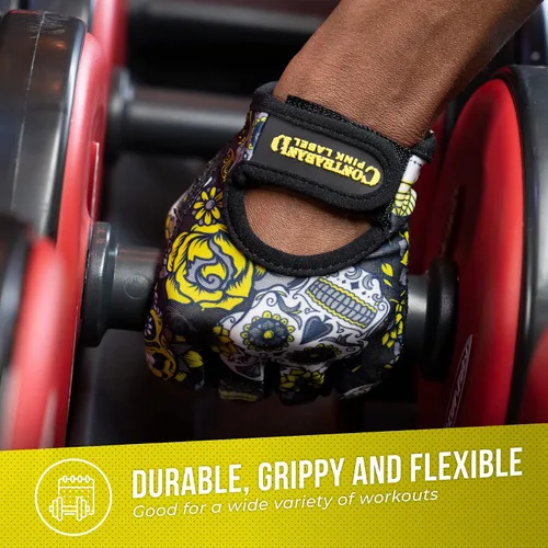 Miniatura 6 de Contraband Pink Label 5237 - Guantes de entrenamiento de diseñador para mujer, estampado de calavera de azúcar y acolchado Grip-Lock™ (amarillo, M)