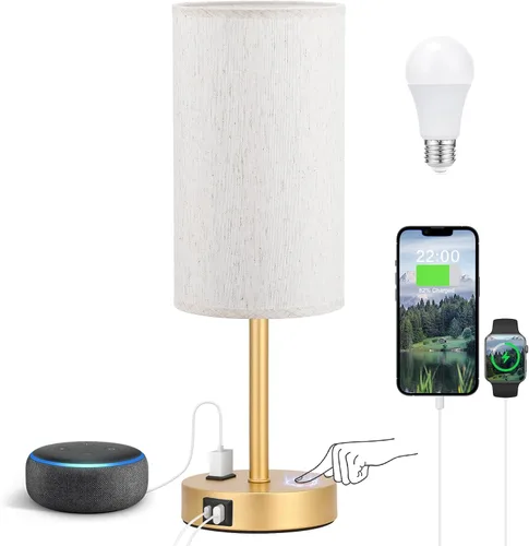 Miniatura 29 de Fenmzee Juego de lámparas de mesa pequeñas táctiles regulables de 2 a 3 vías, carga USB A + C, salida de CA, base de grano de madera, bombillas