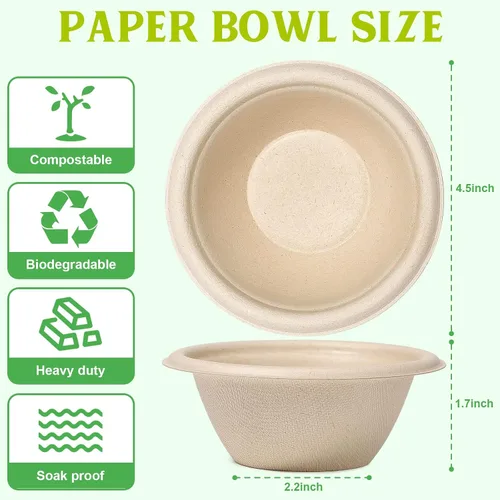 Miniatura 7 de Grocyle - Cuencos de papel pequeños de 8 onzas, paquete de 50 cuencos compostables y biodegradables hechos de caña de azúcar