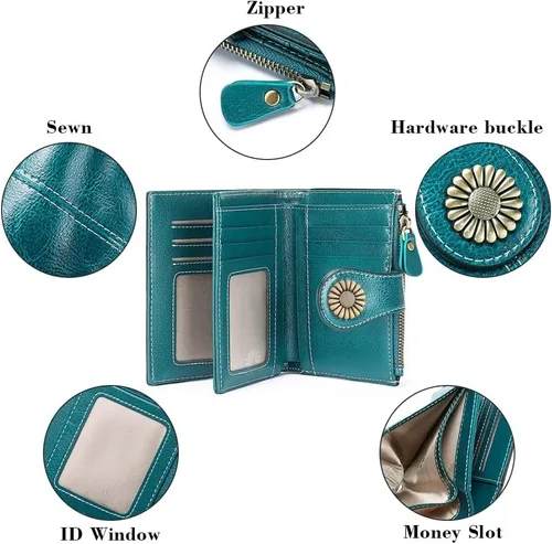 Miniatura 37 de SENDEFN - Billetera pequeña de piel auténtica para mujer, diseño plegable con ventana para tarjeta de identificación