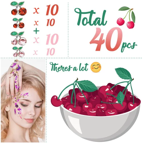 Miniatura 3 de 40 dijes de uñas de cereza 3D con diamantes de imitación para arte de uñas, gemas brillantes con brillantina para uñas, rebanadas de uñas kawaii