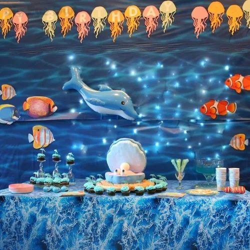 Miniatura 7 de Mantel de plástico con estampado de olas del océano azul bajo el mar, para playa, piscina, fiesta de cumpleaños, suministros de decoración