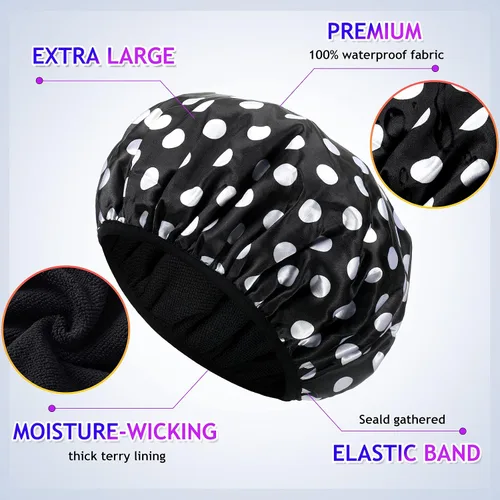 Miniatura 3 de Geyoga 2 gorros de ducha con forro de rizo para mujer, sombrero de baño grande de triple capa con función de microfibra de cabello seco, gorro