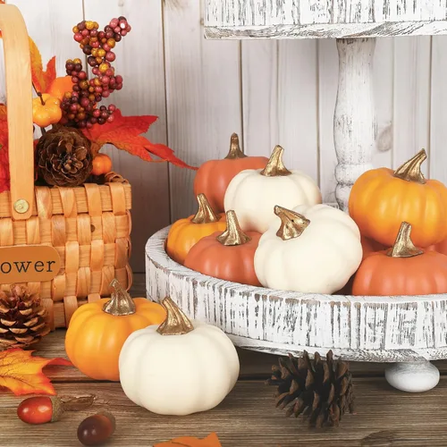 Miniatura 4 de AnyDesign 12 calabazas artificiales de otoño, mini calabazas de espuma falsas color naranja, verduras de cosecha sintética para otoño, Acción