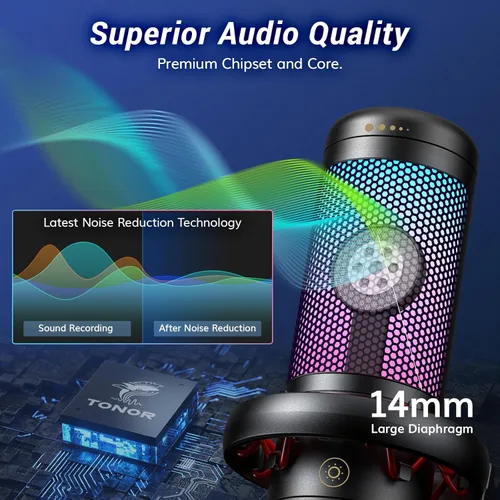 Miniatura 2 de TONOR Juego de micrófonos para juegos con brazo de brazo, micrófono de condensador vocal para PC con soporte, micrófono USB con luz RGB controlable