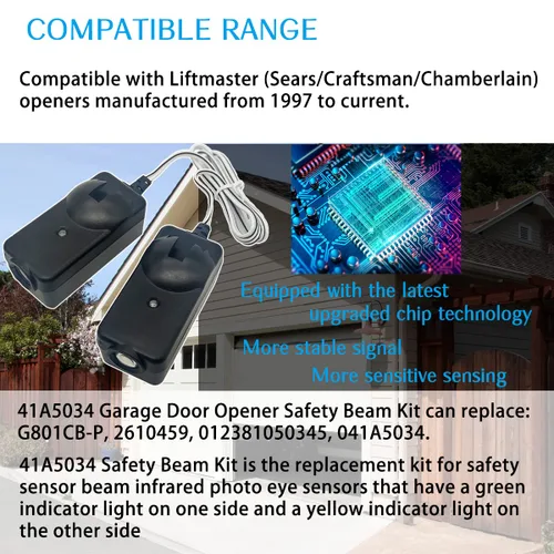 Miniatura 3 de Kit de Sensor de Seguridad 2025 Mejorado 41A5034 Compatible con Abridor de Puerta de Garaje Liftmaster Chamberlain Sears Craftsman Fabricado Después